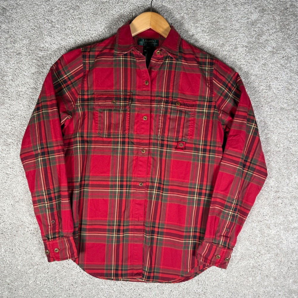 VTG Lauren‎ Ralph Lauren Dry Goods Red Plaid Cotton Women's P/P Button Up